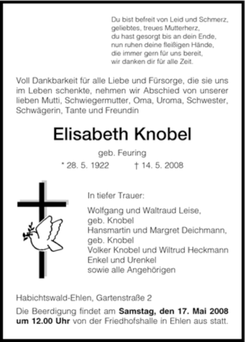 Todesanzeige von Elisabeth Knobel von HNA