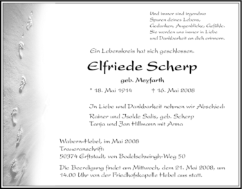 Todesanzeige von Elfriede Scherp von HNA