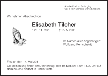 Todesanzeige von Elisabeth Tilcher von HNA
