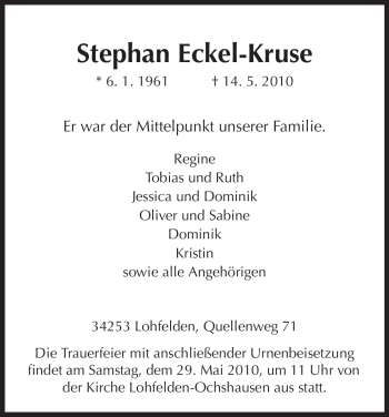 Todesanzeige von Stephan Eckel-Kruse von HNA