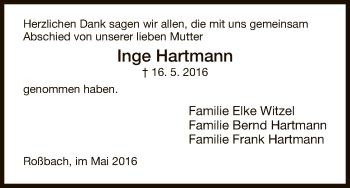 Todesanzeige von Inge Hartmann von HNA