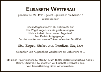Todesanzeige von Elisabeth Wetterau von HNA