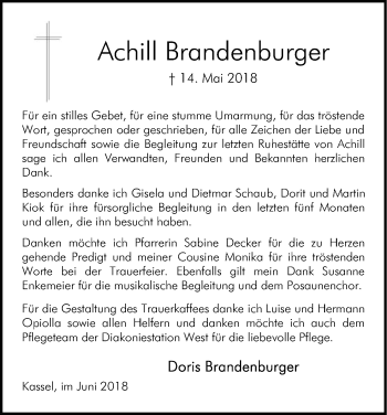 Todesanzeige von Achill Brandenburger von HNA