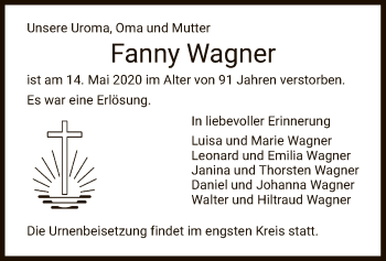 Todesanzeige von Fanny Wagner von HNA