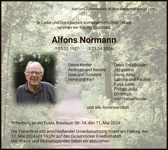 Todesanzeige von Alfons Normann von HNAHNA