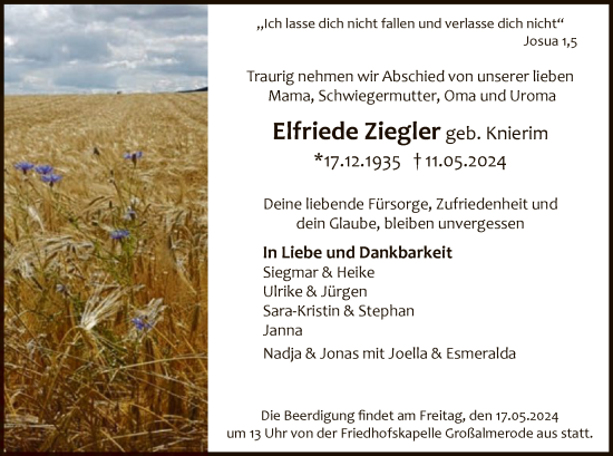 Todesanzeige von Elfriede Ziegler von HNA
