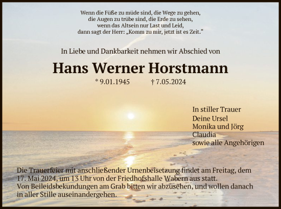 Todesanzeige von Hans Werner Horstmann von HNA