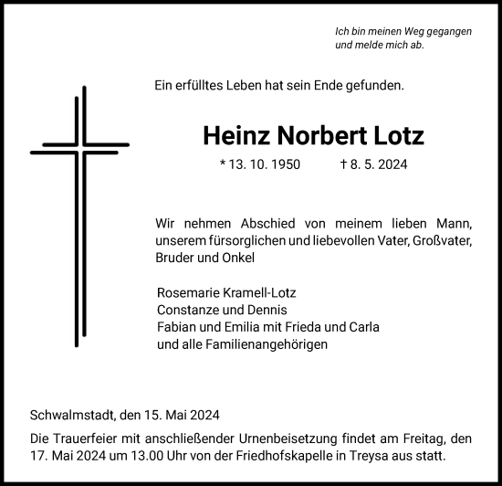 Todesanzeige von Heinz Norbert Lotz von HNA