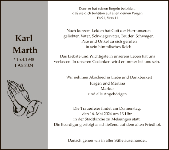 Todesanzeige von Karl Marth von HNA