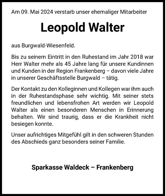 Todesanzeige von Leopold Walter von HNA