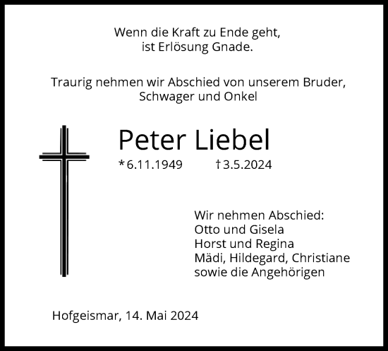 Todesanzeige von Peter Liebel von HNA