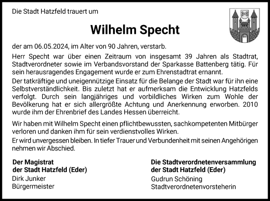 Todesanzeige von Wilhelm Specht von HNA