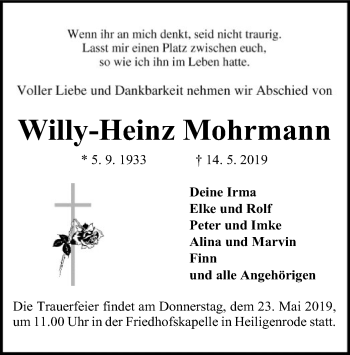 Todesanzeige von Willy-Heinz Mohrmann von SYK