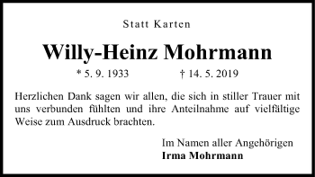 Todesanzeige von Willy-Heinz Mohrmann von SYK