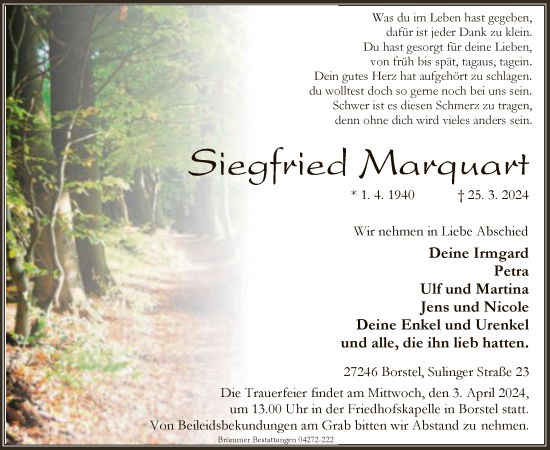 Todesanzeige von Siegfried Marquart von SYK