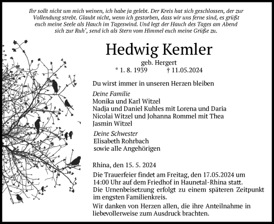 Todesanzeige von Hedwig Kemler von HZ
