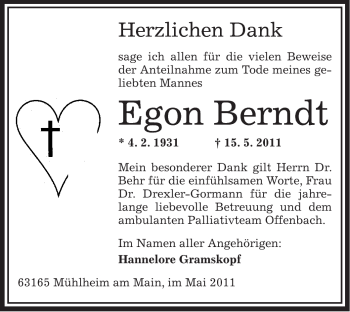 Todesanzeige von Egon Berndt von OFFENBACH-POST/HANAU-POST