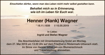 Todesanzeige von Henner Wagner von Offenbach