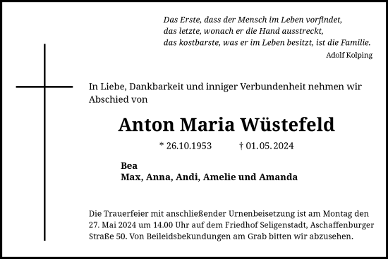 Todesanzeige von Anton Maria Wüstefeld von OF