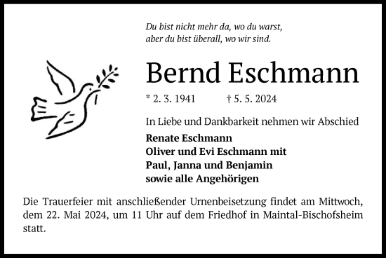 Todesanzeige von Bernd Eschmann von OF