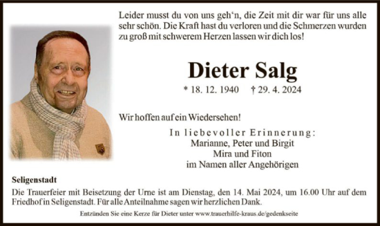 Todesanzeige von Dieter Salg von OF