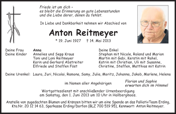 Todesanzeige von Anton Reitmeyer von merkurtz