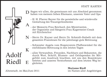 Todesanzeige von Adolf Riedl von MERKUR & TZ