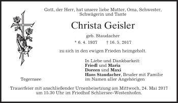 Todesanzeige von Christa Geisler von merkurtz