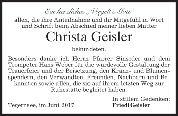 Todesanzeige von Christa Geisler von merkurtz