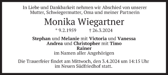 Todesanzeige von Monika Wiegartner von merkurtz