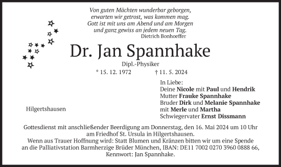 Todesanzeige von Jan Spannhake von merkurtz