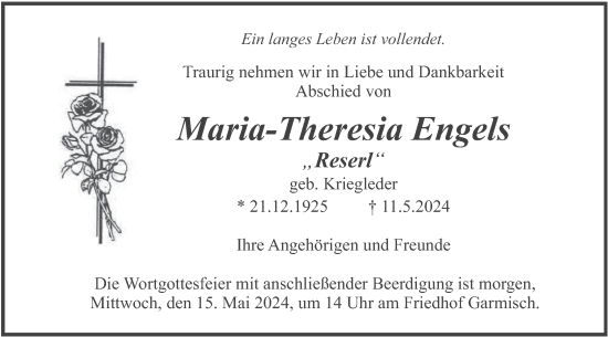 Todesanzeige von Maria-Theresia Engels von merkurtz