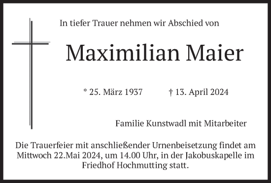 Todesanzeige von Maximilian Maier von merkurtz