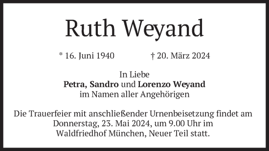 Todesanzeige von Ruth Weyand von merkurtz