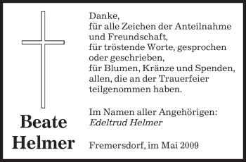Todesanzeige von Beate Helmer von SAARBRÜCKER ZEITUNG
