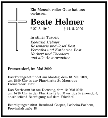 Todesanzeige von Beate Helmer von SAARBRÜCKER ZEITUNG