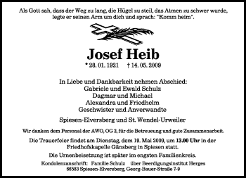 Todesanzeige von Josef Heib von SAARBRÜCKER ZEITUNG