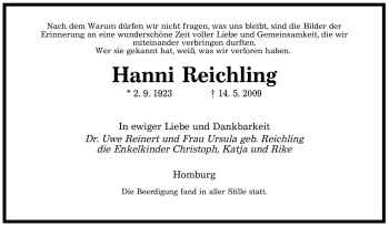 Todesanzeige von Hanni Reichling von SAARBRÜCKER ZEITUNG