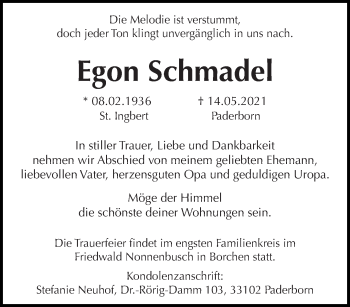 Todesanzeige von Egon Schmadel von saarbruecker_zeitung