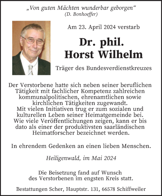 Todesanzeige von Horst Wilhelm von saarbruecker_zeitung