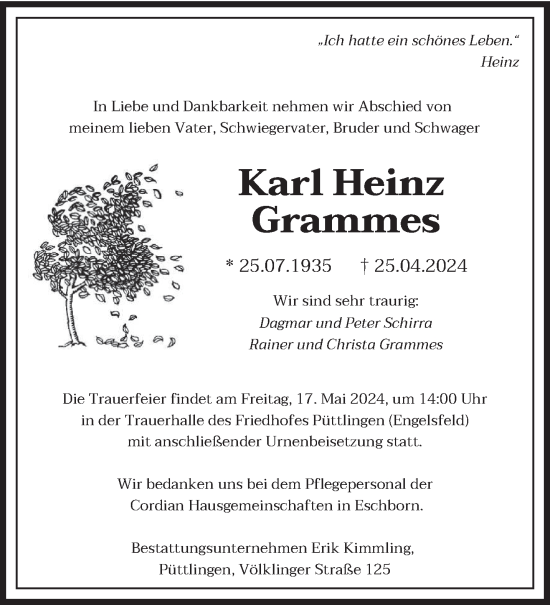 Todesanzeige von Karl Heinz Grammes von saarbruecker_zeitung