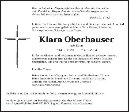 Todesanzeige von Klara Oberhauser von saarbruecker_zeitung