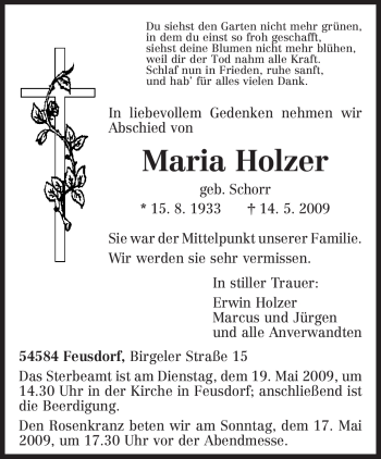 Todesanzeige von Maria Holzer von TRIERISCHER VOLKSFREUND