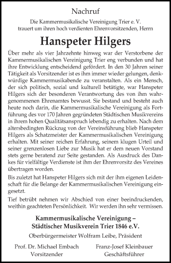 Todesanzeige von Hanspeter Hilgers von trierischer_volksfreund
