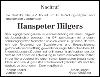 Todesanzeige von Hanspeter Hilgers von trierischer_volksfreund