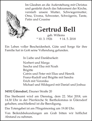 Todesanzeige von Gertrud Bell von trierischer_volksfreund