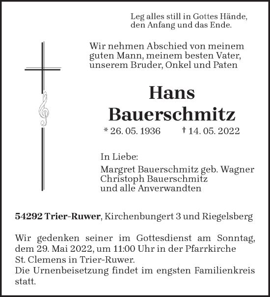 Todesanzeige von Hans Bauerschmitz von trierischer_volksfreund