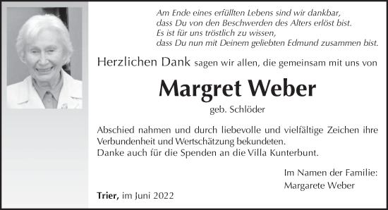 Todesanzeige von Margret Weber von trierischer_volksfreund