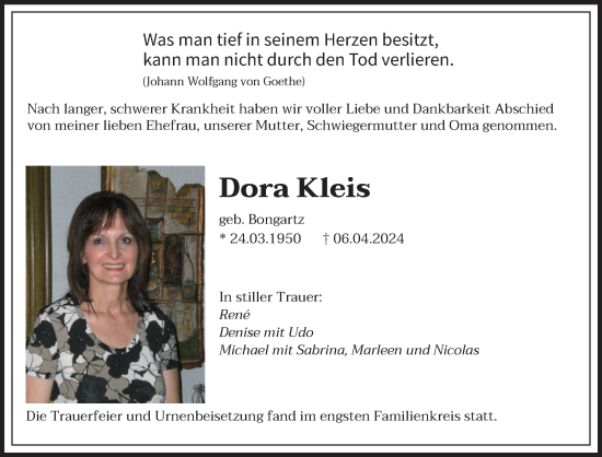 Todesanzeige von Dora Kleis von trierischer_volksfreund