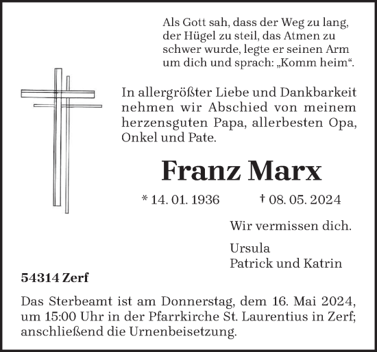 Todesanzeige von Franz Marx von trierischer_volksfreund